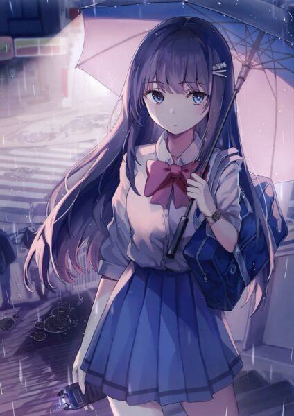 Ảnh anime cô đơn mặc đồ nữ sinh cầm ô đi mưa