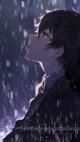 Hình ảnh anime nam cô đơn nhìn lên trời mưa