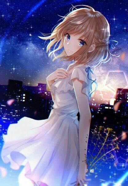 Hình ảnh anime nữ cô đơn trong bộ váy trắng