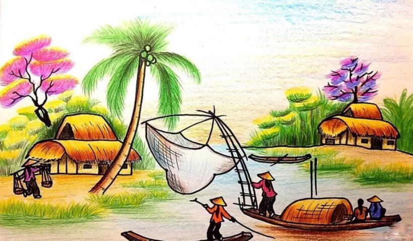 Vẽ tranh phong cảnh quê hương bằng bút màu