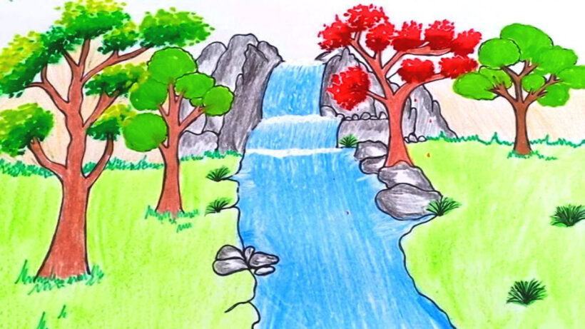 Zeichne einen schönen Wasserfall mit Buntstiften