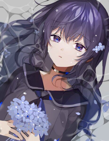 ảnh anime buồn cô gái tóc xanh cầm hoa