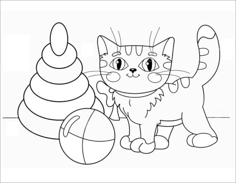 Tranh tô màu con mèo với quả bóng