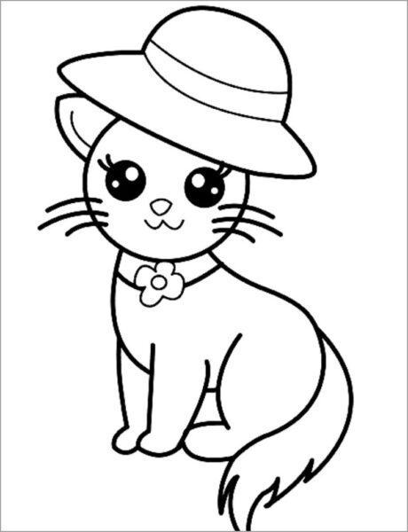 Tranh tô màu con mèo đeo nơ và đội mũ