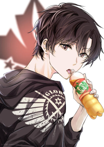 Hình ảnh anime nam tóc đen cầm chai nước
