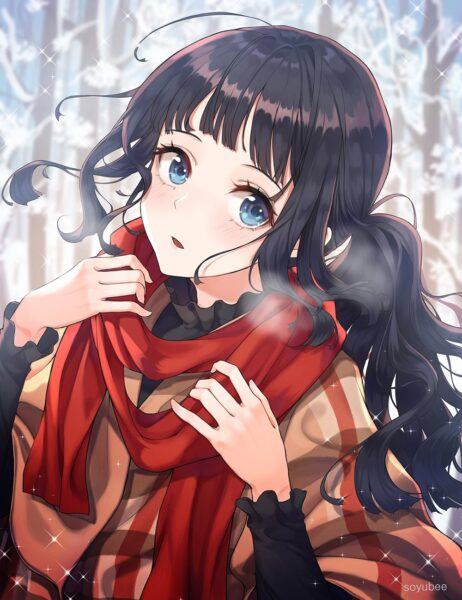 Hình ảnh anime tóc đen quàng khăn lạnh mùa đông