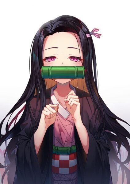 Hình ảnh anime cô gái tóc đen cầm ống trúc