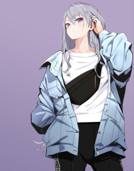 Hình ảnh nữ anime lạnh lùng mặc áo khoác xanh giơ tay lên xuống