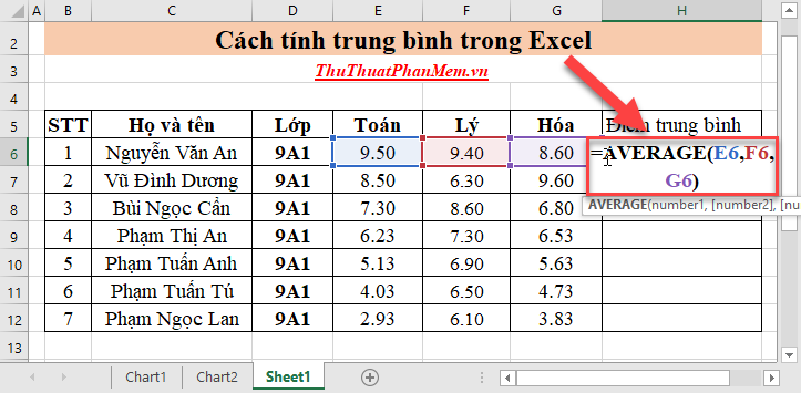 Tại ô cần tính nhập công thức =Average(E6,F6,G6)