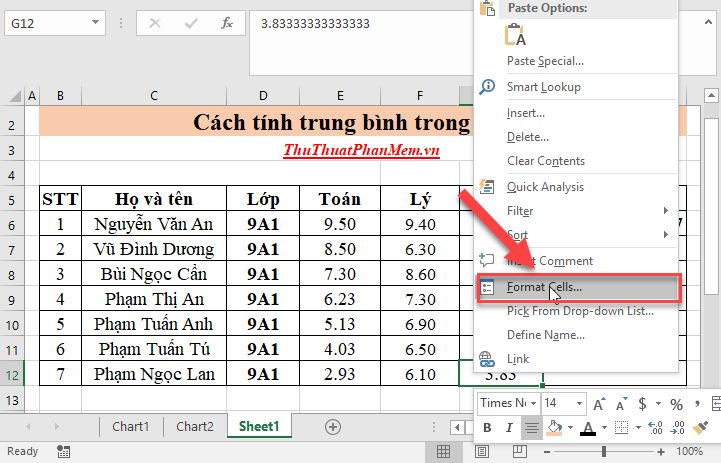 Kích chuột phải vào ô chứa điểm trung bình - chọn Format Cells...