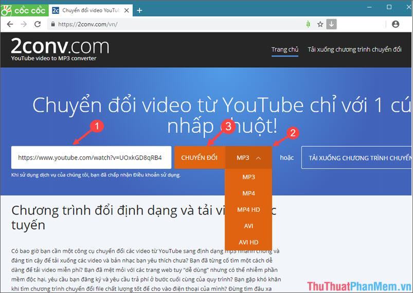 Dán liên kết video Youtube, sau đó thay đổi định dạng tệp thành mp3