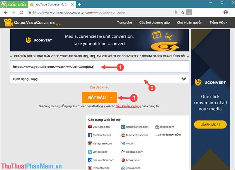 Dán link video vào mục (1), chọn định dạng mp3 ở mục (2)