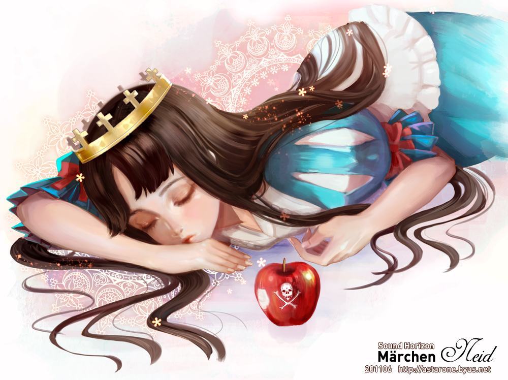 Tranh anime công chúa Bạch Tuyết ngủ ngon bên trái táo độc