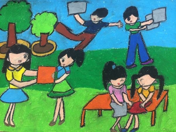 vẽ một bức tranh học sinh làm việc theo nhóm