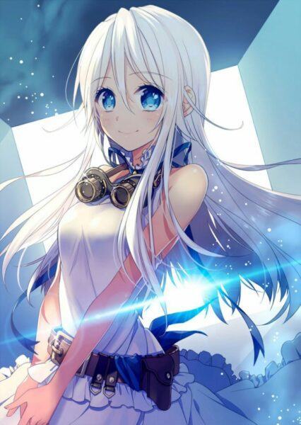 Cô gái anime với mái tóc bạch kim và đôi mắt xanh