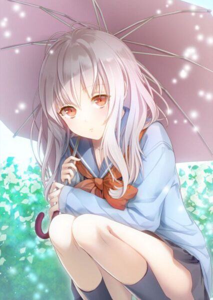 Hình ảnh anime cô nàng tóc bạch kim ngồi cầm ô