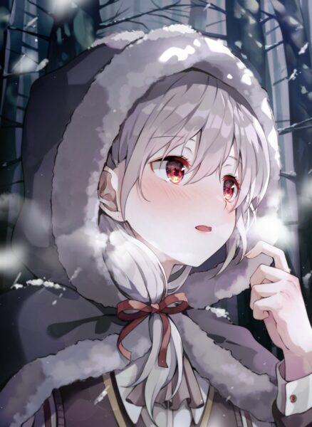 Hình ảnh nữ anime với mái tóc bạch kim và đôi mắt đỏ