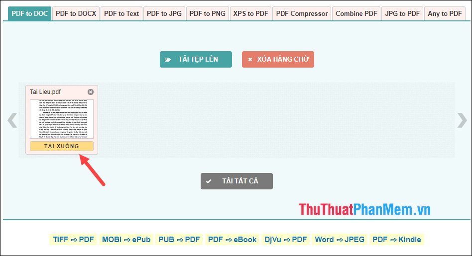 Tệp PDF sẽ được tải lên và tự động chuyển đổi thành DOC