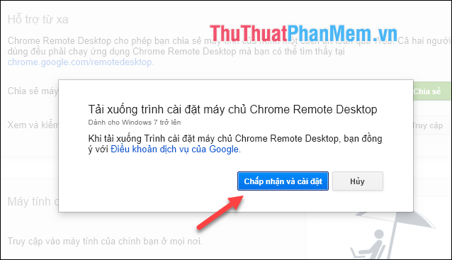 Thông báo yêu cầu tải bộ cài đặt máy chủ - chọn Chấp nhận và cài đặt