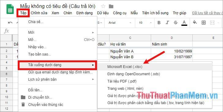 Để tải file Excel về: chọn File - Download as - select a format