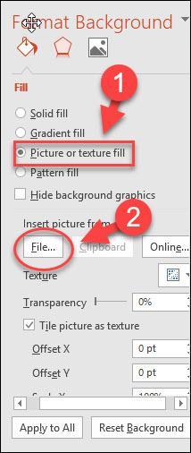Kiểm tra Picture or texture fill, trong File - select an image to insert into slide