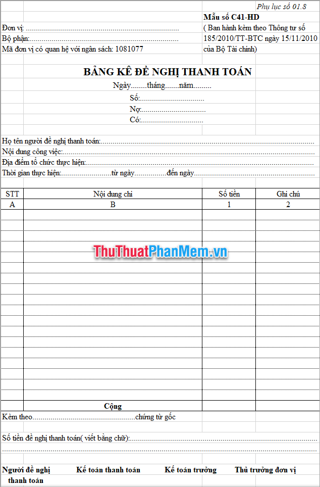 Demo mẫu giấy đề nghị thanh toán trong excel 2