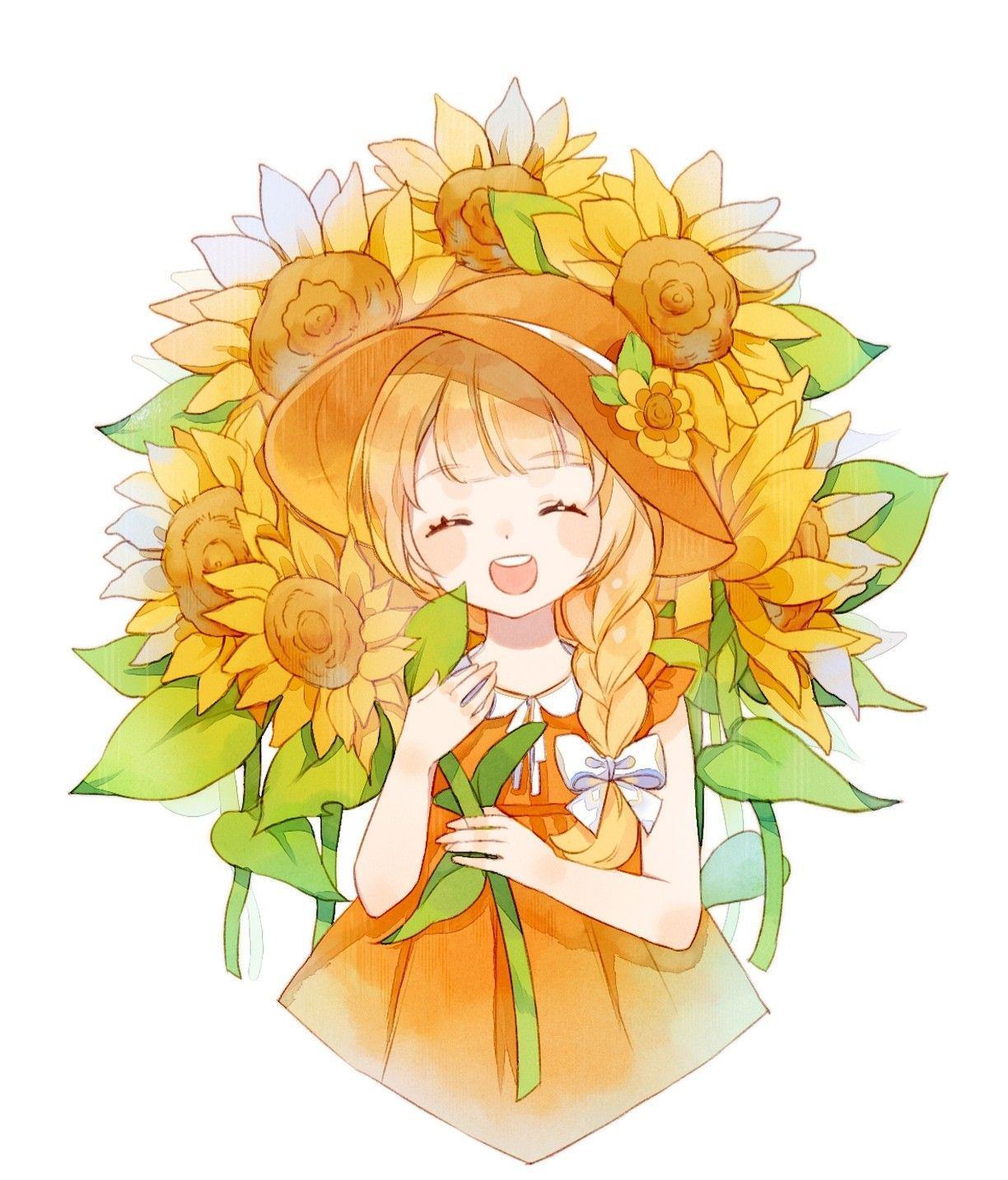 Tranh hoa hướng dương phong cách anime nhẹ nhàng