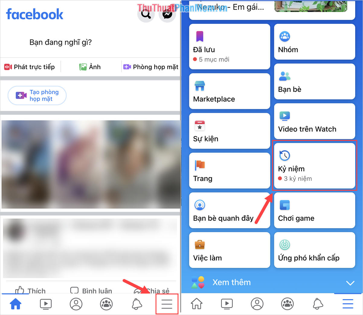 Chọn phần Tùy chọn trên Facebook và bạn chọn phần Kỷ niệm để xem