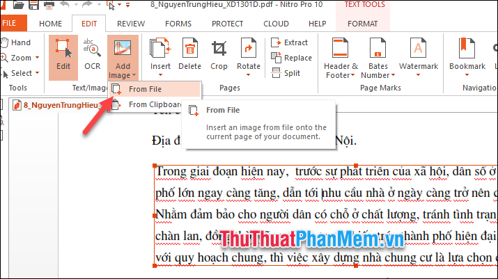 Nhấn nút Add image - From File, sau đó chọn ảnh trên máy tính và chèn vào trang