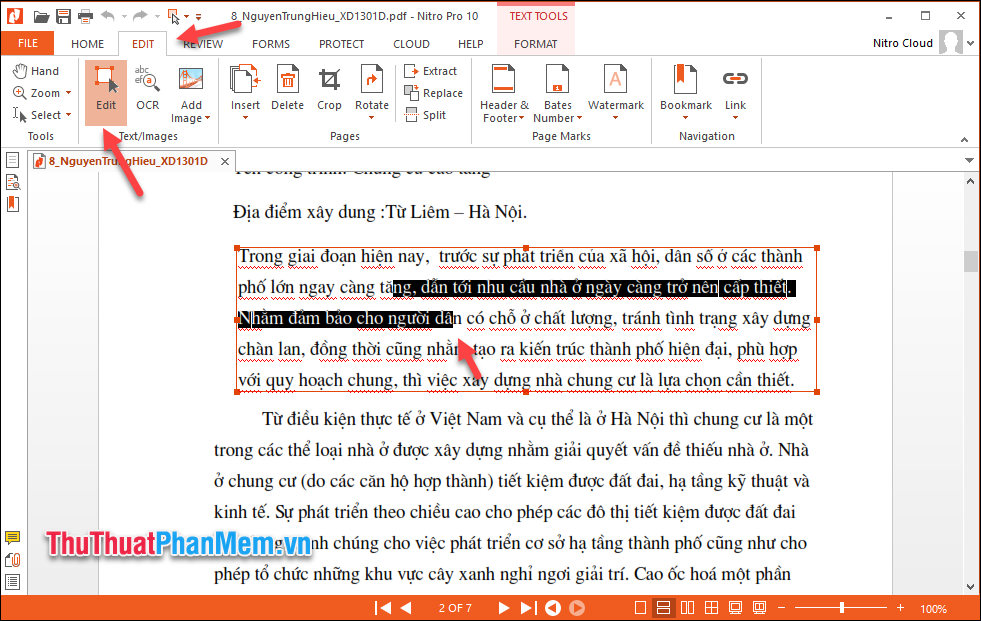 Chọn Edit - click vào nội dung file PDF cần chỉnh sửa