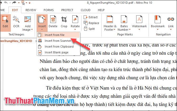 Chọn Chèn - Chèn từ tệp sau đó chọn tệp PDF trong máy tính của bạn để chèn