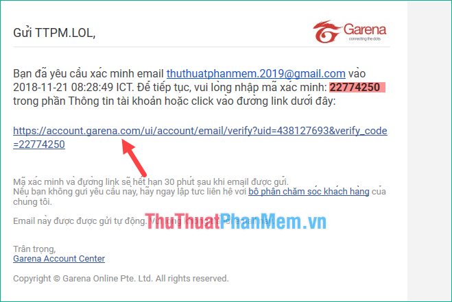 Click vào link như hình bên dưới để verify email