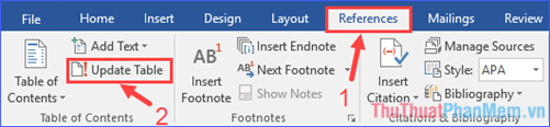 Trong tab Tham khảo, nhóm Mục lục, bấm vào Cập nhật Bảng