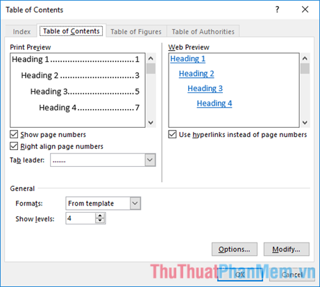 Trong tab Mục lục tùy chỉnh cài đặt