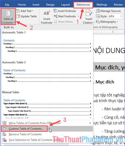 Nhấp vào Mục lục - Mục lục tùy chỉnh...