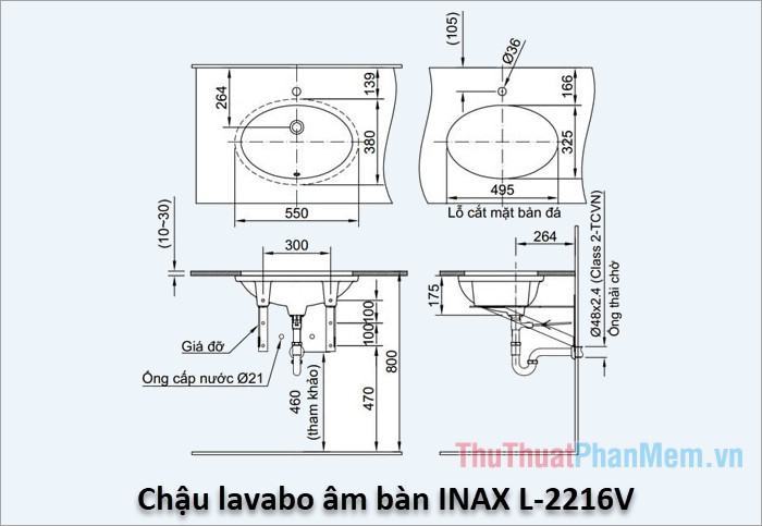 Kích thước INAX L-2216V .  chìm dưới gầm bàn