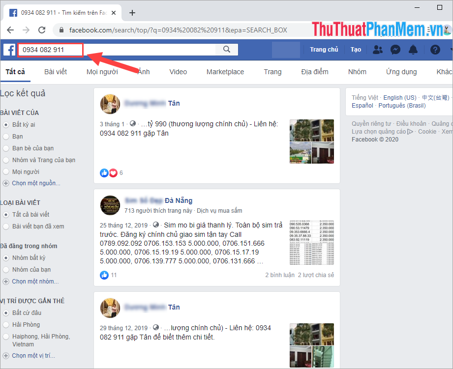 Tra cứu thông tin số điện thoại trên Facebook