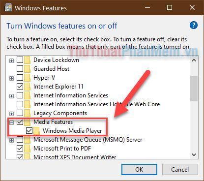 Chọn hộp bên cạnh Windows Media Player