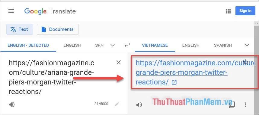 Nhấp vào liên kết màu xanh trong hộp dịch tiếng Việt