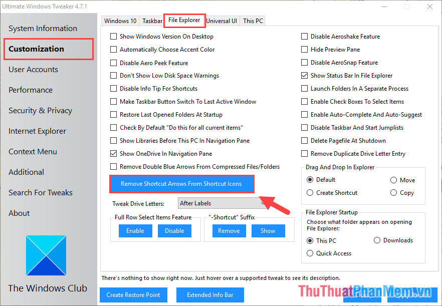 Chọn mục Customization và chọn tab File Explorer