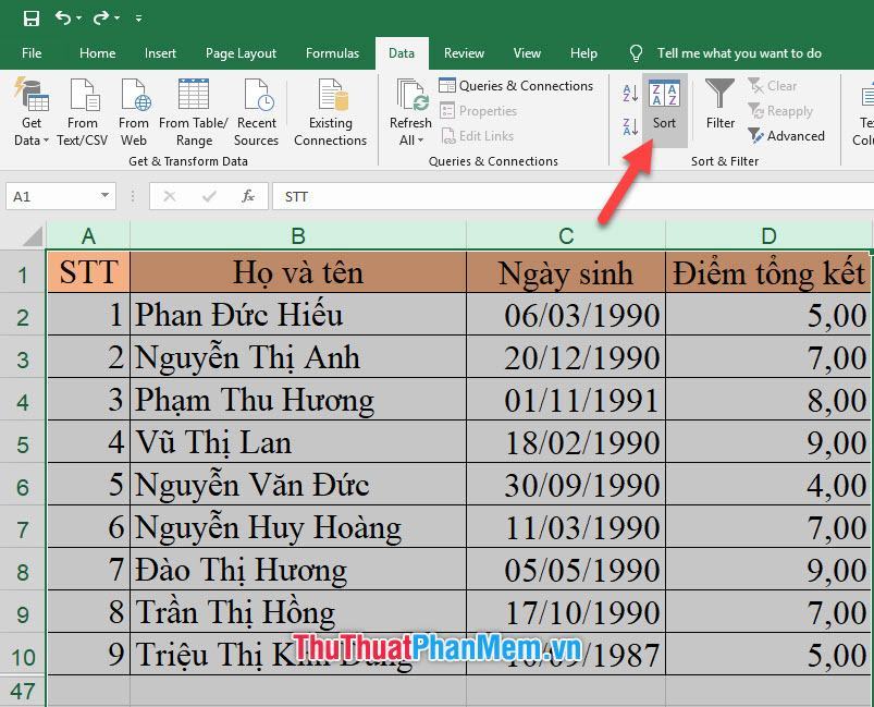 Chọn biểu tượng Sắp xếp