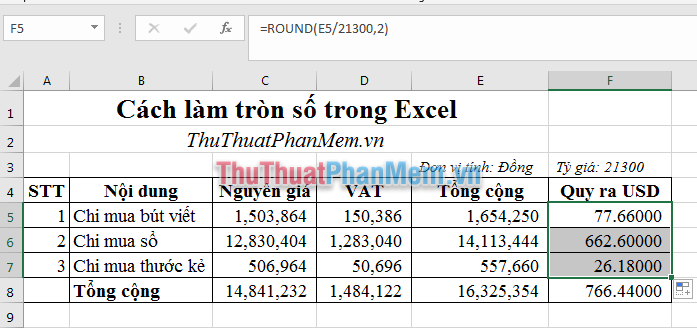 Sử dụng hàm ROUND để làm tròn số thập phân thành 2