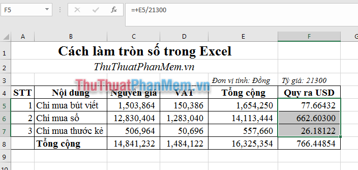 Sử dụng hàm ROUND để làm tròn số thập phân