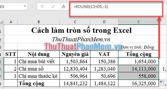 Sử dụng hàm ROUND để làm tròn số 2