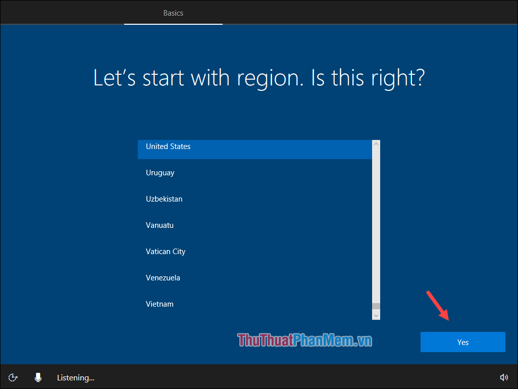 Chọn quốc gia bạn đang ở và nhấn Yes