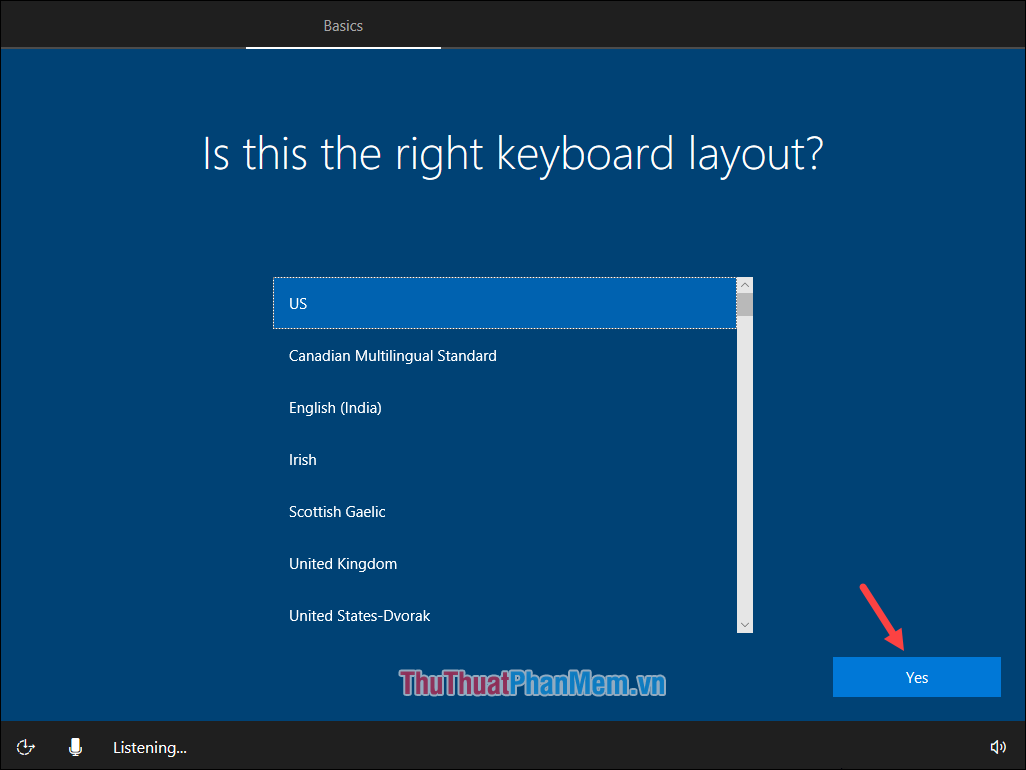 Chọn ngôn ngữ bàn phím rồi nhấn Yes