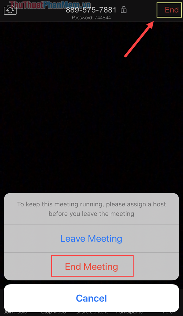 Chọn End Meets để kết thúc hoặc chọn Leave để rời khỏi, cuộc họp vẫn tiếp tục