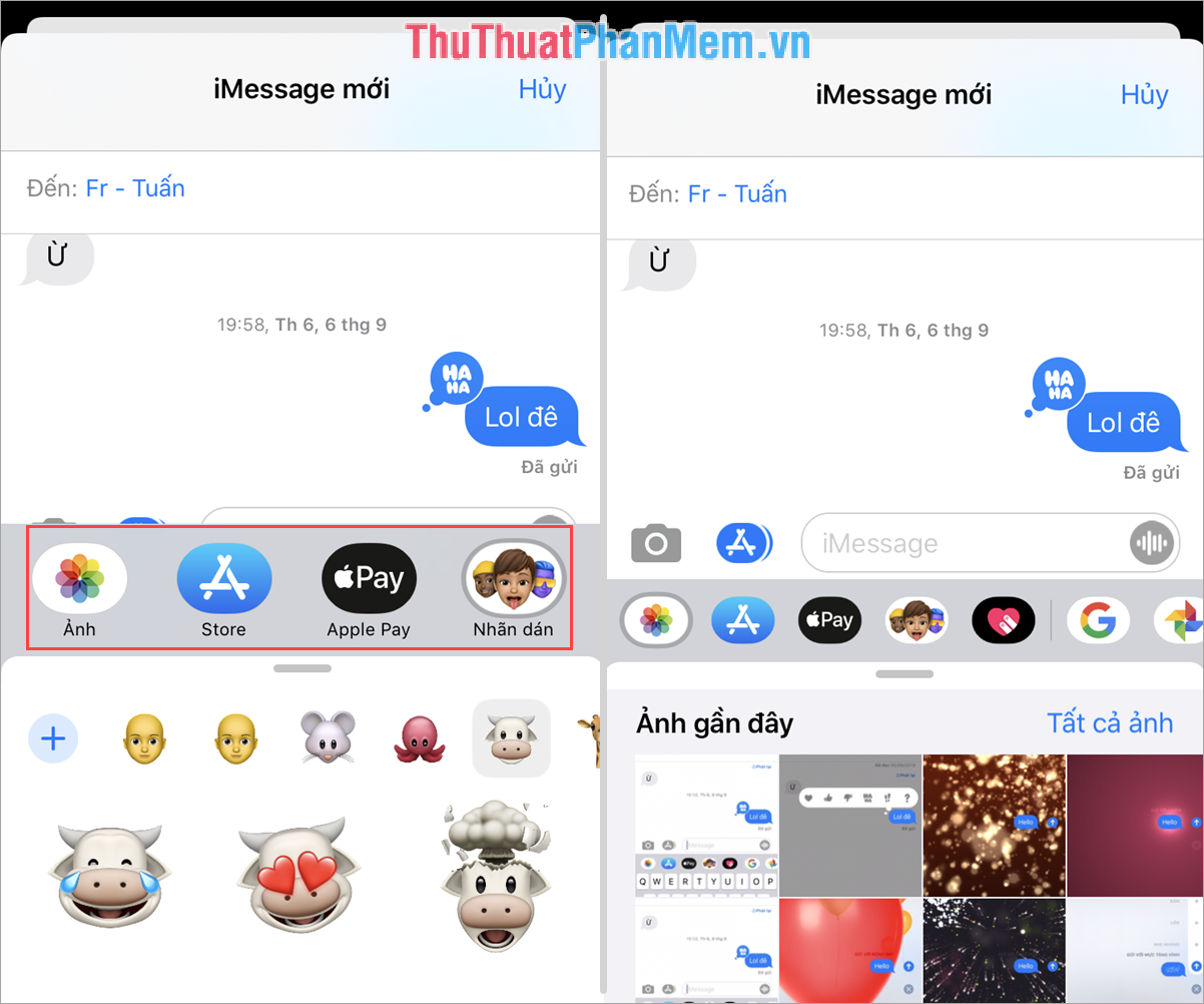 Ngoài ra, trên iMessage, bạn có thể gửi hình ảnh, ứng dụng, thẻ thanh toán, biểu tượng cảm xúc