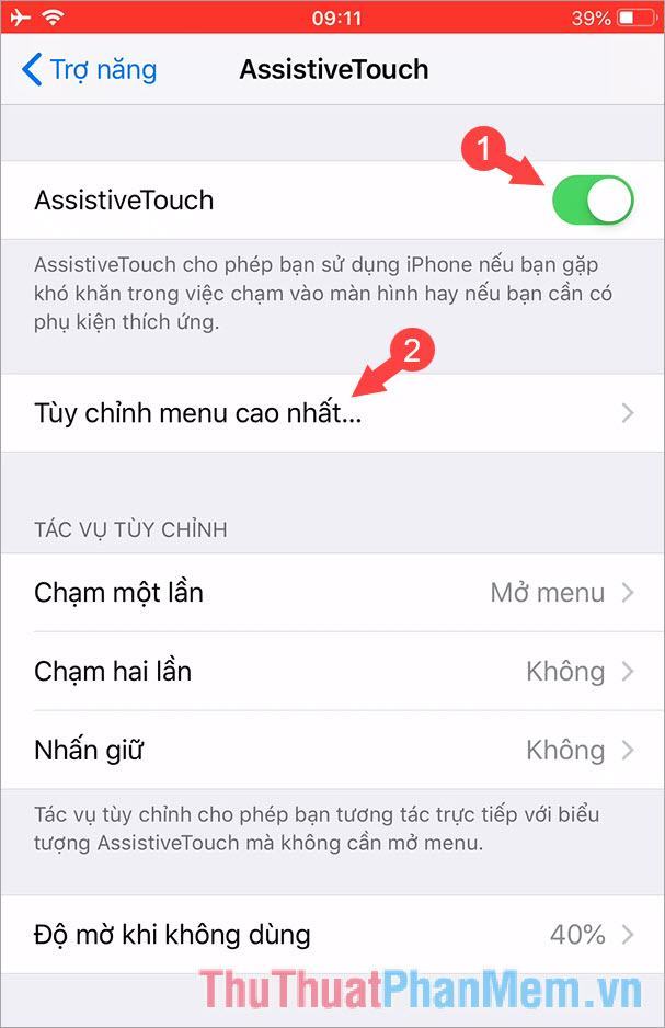 Chuyển đổi trong AssistiveTouch - Chọn Tùy chỉnh menu trên cùng...