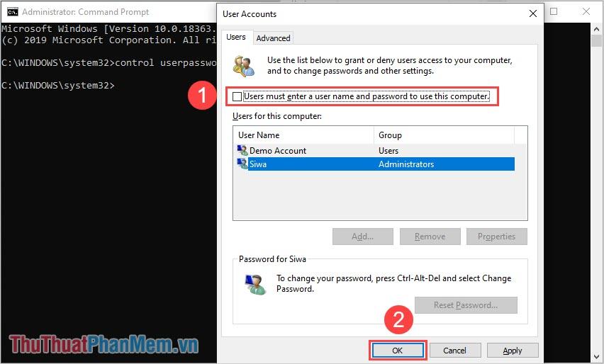 Bỏ chọn hộp Người dùng phải nhập tên người dùng và mật khẩu để sử dụng máy tính này
